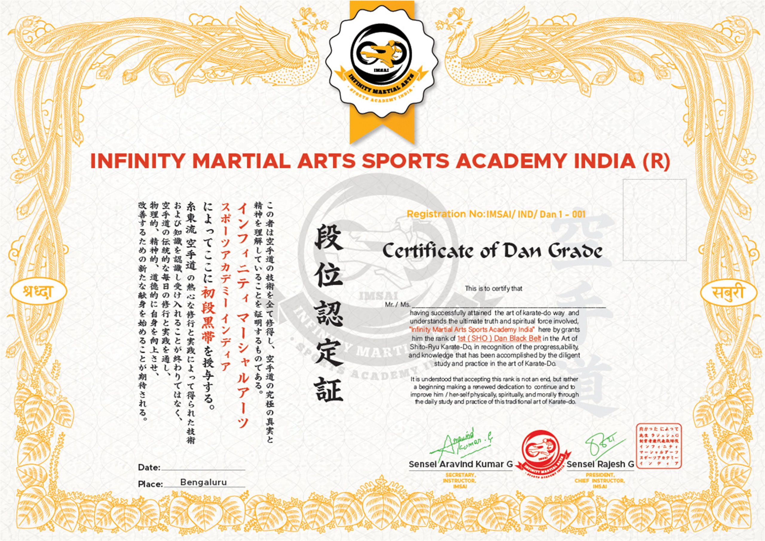 Certificate Design for Infinity Martial Arts & Sports Academy